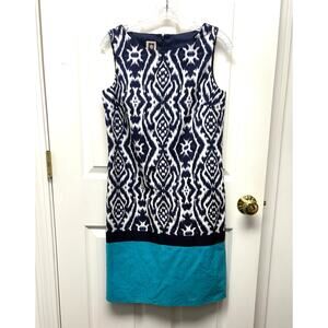 Anne Klein Dress Blue Pattern Sleeveless Shift Cotton Lined Women’s Size 4